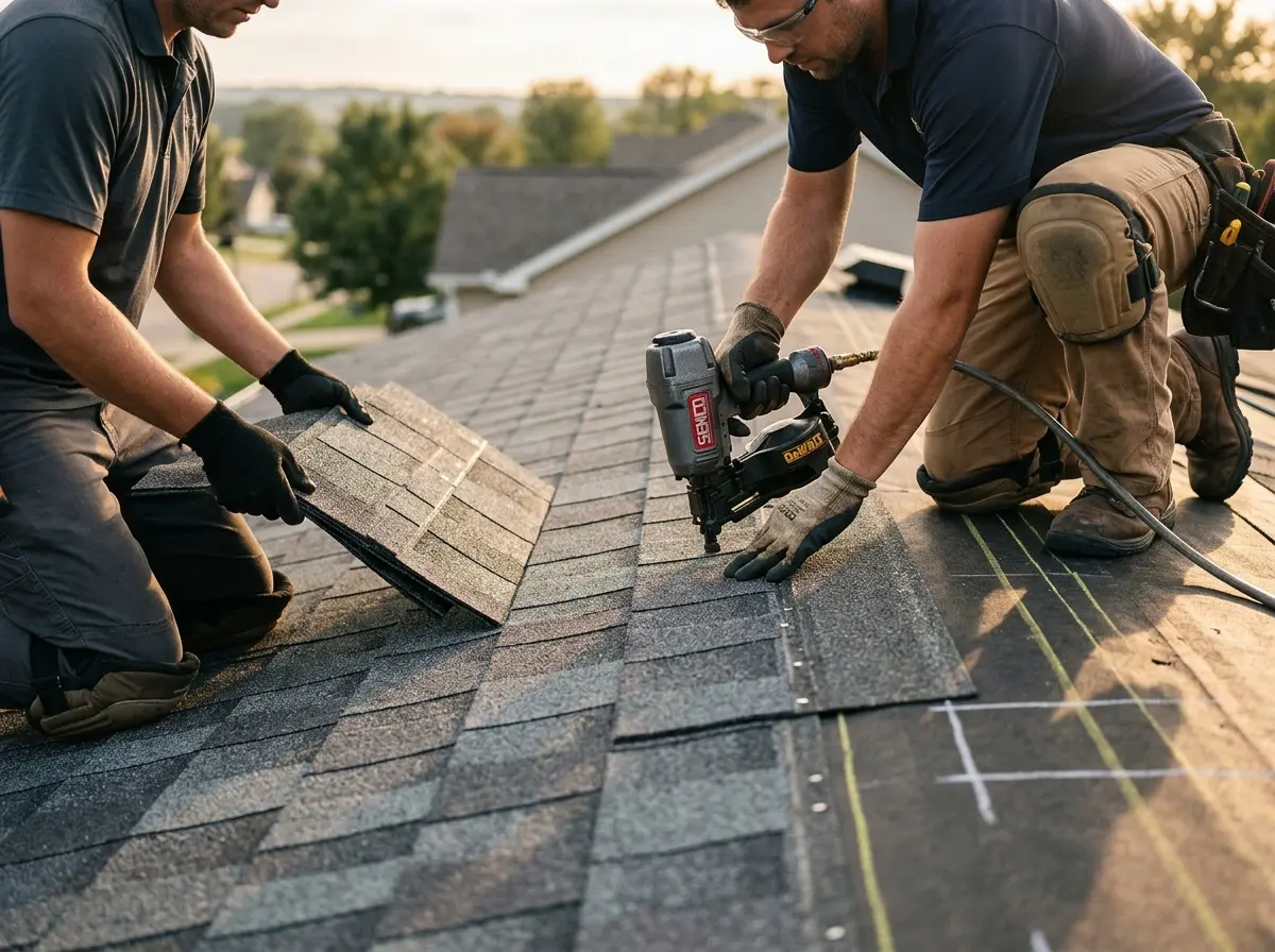 Professional roofer working on a residential roof in Miamisburg